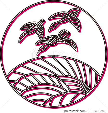 Color-Shaded Circular Hanafuda Cards: August, Awn and Wild Geese, August, Awn and Wild Geese Color-Shaded Circular Hanafuda Cards: August, Awn and Wild Geese, August, Awn and Wild Geese 116781782