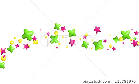 3d Confetti Firecracker Ribbon Paper Element Set. Bright colored figures fly in different directions. Horizontal stripe. Poster design postcard banner web design. Vector. 116781976