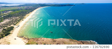 Aerial view of Hon yen island and fishing boat, in Phu Yen, Vietnam Aerial view of Hon yen island and fishing boat, in Phu Yen, Vietnam 116782690