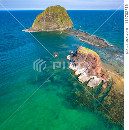 Aerial view of Hon yen island and fishing boat, in Phu Yen, Vietnam Aerial view of Hon yen island and fishing boat, in Phu Yen, Vietnam 116782716
