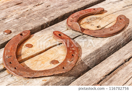 Two old vintage and rusty horseshoes are nailed to a dried and cracked piece of wood. Two old vintage and rusty horseshoes are nailed to a dried and cracked piece of wood. 116782756