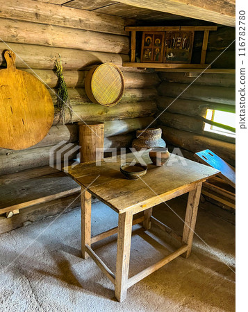Kitchen in a peasant house in ethnography museum in Strochitsy, Belarus. High quality photo Kitchen in a peasant house in ethnography museum in Strochitsy, Belarus. High quality photo 116782780
