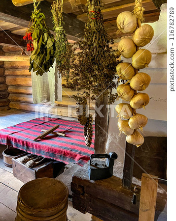 Kitchen in a peasant house in ethnography museum in Strochitsy, Belarus. High quality photo Kitchen in a peasant house in ethnography museum in Strochitsy, Belarus. High quality photo 116782789