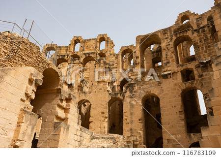 Roman Colosseum at El Jem, third largest colosseum in world. Tunisia, Africa 116783109