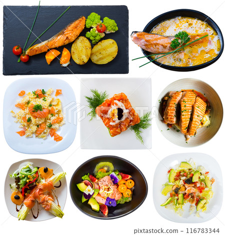 Dishes with different red fish at plates isolated on white background 116783344