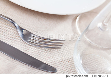Fork lies on served table with cutlery 116783661