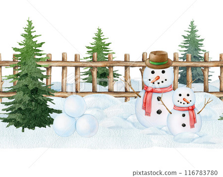 Winter time seamless border with Christmas trees and snowman decor. Painted vintage style illustration. Hand drawn funny snowman, fir trees, snow piles, wooden fence seamless border element isolated 116783780