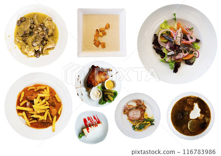 View of many plates with different food over white background 116783986