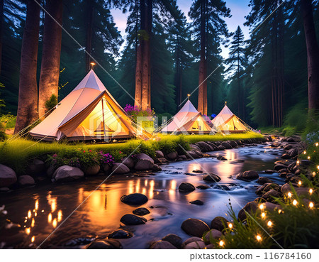 Beautifully lit campsite at night 116784160