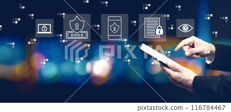 Data Privacy concept with businessman using a tablet computer 116784467