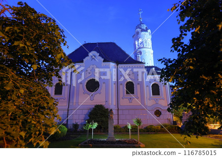 Night view of St. Alzbeta Church, also known as the Blue Church, in Bratislava, Slovakia, Central Europe 116785015