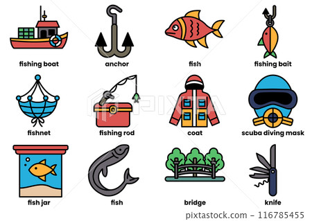 Set of fishing and camping icons in line style. 116785455