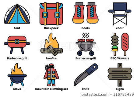 Set of fishing and camping icons in line style. Set of fishing and camping icons in line style. 116785459