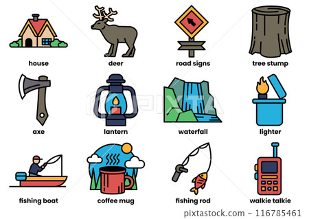 Set of fishing and camping icons in line style. Set of fishing and camping icons in line style. 116785461