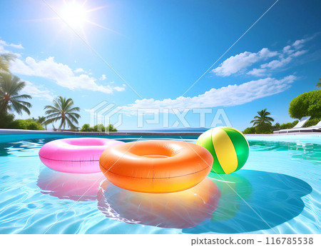 Colorful swim rings and beach balls floating in a blue pool 116785538