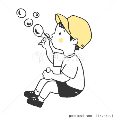 Monochrome line drawing of a boy blowing bubbles Monochrome line drawing of a boy blowing bubbles 116785991
