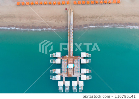 Top view of bungalows on the pier on sea resort  116786141