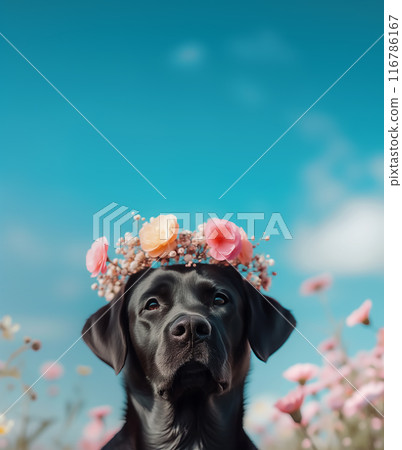 A Labrador retriever wearing a flower crown on his head, with a flower field and blue sky in the background - AI-generated image 116786167