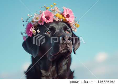 A Labrador retriever wearing a flower crown on his head, with a flower field and blue sky in the background - AI-generated image 116786168