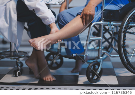 Asian female medical doctor use stethoscope to listen examine check senior elderly patient heart 116786346