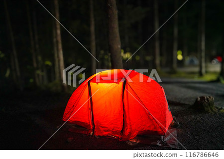 A lit tent at a campsite 116786646