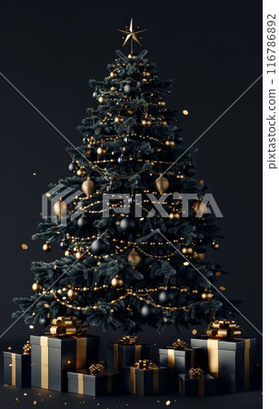 Elegant Christmas tree with golden decorations and gifts in a dark setting Elegant Christmas tree with golden decorations and gifts in a dark setting 116786892