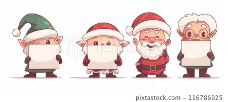 Cute cartoon characters of Santa Claus and elves holding blank signs for Christmas greetings 116786925