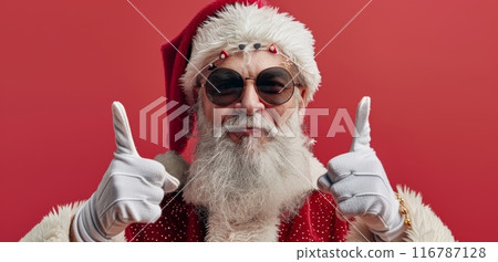 Cool Santa Claus wearing sunglasses and white gloves giving thumbs up on red background 116787128