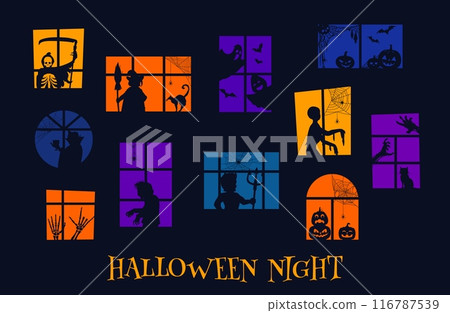 Halloween windows with scary silhouettes of monsters and zombie with pumpkins, cartoon vector. Halloween holiday or horror night party death, witch with broom and spooky ghosts silhouettes in windows Halloween windows with scary silhouettes of monsters and zombie with pumpkins, cartoon vector. Halloween holiday or horror night party death, witch with broom and spooky ghosts silhouettes in windows 116787539