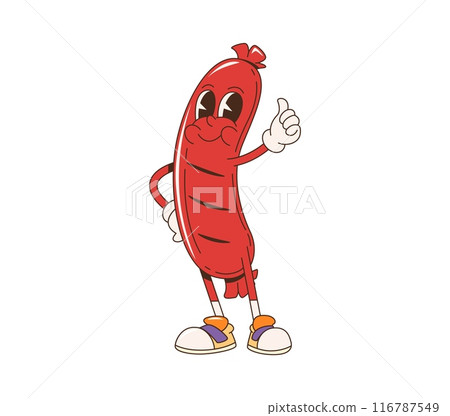 Sausage bbq barbeque cartoon groovy character. Isolated vector playful and cheerful red sausage food personage in retro hippie y2k style, with a smiling face, wearing sneakers and giving a thumbs-up Sausage bbq barbeque cartoon groovy character. Isolated vector playful and cheerful red sausage food personage in retro hippie y2k style, with a smiling face, wearing sneakers and giving a thumbs-up 116787549