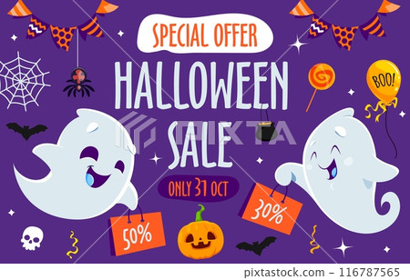 Halloween holiday sale banner with cute kawaii ghosts for discount promotion, vector background. Halloween shop sale and store offer deal for discount promo with funny ghost, skull and spiders Halloween holiday sale banner with cute kawaii ghosts for discount promotion, vector background. Halloween shop sale and store offer deal for discount promo with funny ghost, skull and spiders 116787565