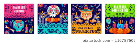Day of the dead Mexican holiday papel picado paper cut banners. Dia de los muertos dead sugar calavera skull, candles and marigold flowers. Vector square greeting cards with calaca heads and blossoms Day of the dead Mexican holiday papel picado paper cut banners. Dia de los muertos dead sugar calavera skull, candles and marigold flowers. Vector square greeting cards with calaca heads and blossoms 116787605