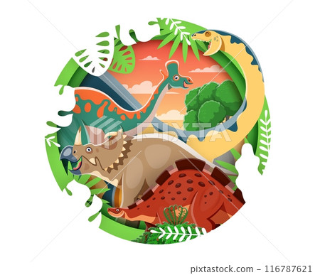Prehistoric dinosaurs paper cut poster. 3d vector round frame with melanorosaurus, lambeosaurus, centrosaurus and wuerhosaurus dino species at lush sunset landscape with tropical plants and ferns 116787621