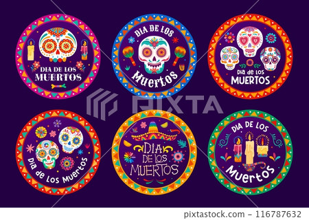 Day of the dead labels with sugar calavera skulls, dia de los muertos Mexican holiday badges with cartoon vector human calaca heads, burning candles and flowers. Creative round greeting stickers Day of the dead labels with sugar calavera skulls, dia de los muertos Mexican holiday badges with cartoon vector human calaca heads, burning candles and flowers. Creative round greeting stickers 116787632