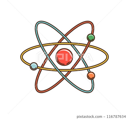 Groovy retro cartoon planetary atom model, vector 70s art sticker. Groovy atom with planets system of nuclear model in funky retro cartoon for badge or hippie and hipster t-shirt print Groovy retro cartoon planetary atom model, vector 70s art sticker. Groovy atom with planets system of nuclear model in funky retro cartoon for badge or hippie and hipster t-shirt print 116787634