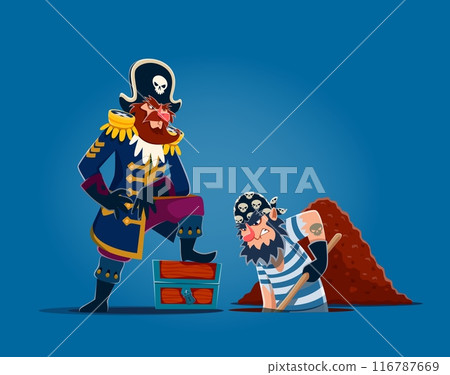 Cartoon pirate captain and corsair sailor burying a treasure. Vector chief filibuster confidently standing on a treasure chest, alongside a weary seaman digging a hole to hide loot in the wooden trunk Cartoon pirate captain and corsair sailor burying a treasure. Vector chief filibuster confidently standing on a treasure chest, alongside a weary seaman digging a hole to hide loot in the wooden trunk 116787669