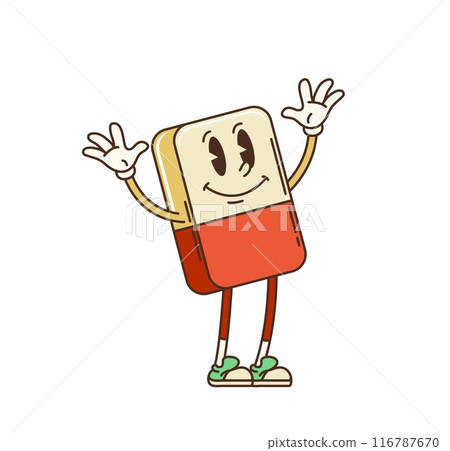 Retro groovy school eraser character. Isolated cartoon vector eraser tool dancing with cheerful smile and raised hands. School or office rubber educational stationery personage evoking nostalgia vibes Retro groovy school eraser character. Isolated cartoon vector eraser tool dancing with cheerful smile and raised hands. School or office rubber educational stationery personage evoking nostalgia vibes 116787670