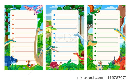 Daily planner with funny prehistoric dinosaurs and dino lizards in Jurassic forest, vector background. To-do list and day tasks planner organizer with cartoon prehistoric dinosaurs, reptiles and birds Daily planner with funny prehistoric dinosaurs and dino lizards in Jurassic forest, vector background. To-do list and day tasks planner organizer with cartoon prehistoric dinosaurs, reptiles and birds 116787671