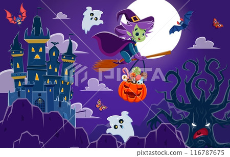 Halloween landscape with flying witch, kawaii ghosts, bats and dark castle in the mountains. Vector spooky night scene with hag riding broom, against the moon, casting an eerie glow on a lurking tree 116787675