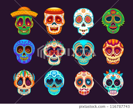 Day Of Dead Mexican calavera sugar skulls. Dia de Los Muertos holiday skulls collection, Mexican holiday, carnival or Halloween celebration party isolated vector ornate masks set Day Of Dead Mexican calavera sugar skulls. Dia de Los Muertos holiday skulls collection, Mexican holiday, carnival or Halloween celebration party isolated vector ornate masks set 116787743