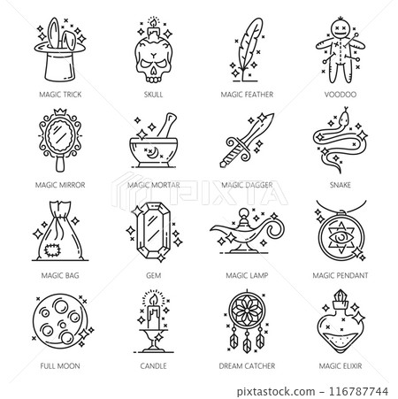 Witchcraft and magic icons. Mystery, esoteric, astrology symbols of vector outline witch and wizard magical skull, candle, elixir and pendant. Thin line magician hat, voodoo and alchemy crystal Witchcraft and magic icons. Mystery, esoteric, astrology symbols of vector outline witch and wizard magical skull, candle, elixir and pendant. Thin line magician hat, voodoo and alchemy crystal 116787744