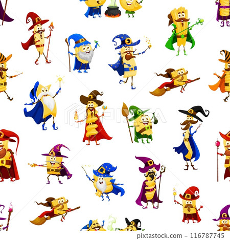Cartoon Halloween pasta wizard and mage characters pattern. Wallpaper or fabric print vector background with orzo, orecchiette, lasagna, ditalini and filini, eliche, all uovo sorcerer cute personages 116787745