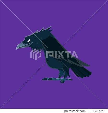 Cartoon Halloween raven character. Isolated vector black creepy crow bird with dark feathers, sharp claws and closed beak. Single blackcrow wild fauna, symbol of death, evil, witchcraft and shamanism Cartoon Halloween raven character. Isolated vector black creepy crow bird with dark feathers, sharp claws and closed beak. Single blackcrow wild fauna, symbol of death, evil, witchcraft and shamanism 116787746
