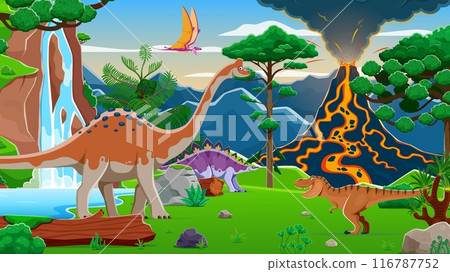 Prehistoric dinosaur in jungle and volcano with lava. Cartoon vector scene with pelorosaurus, stegosaurus, tyrannosaurus rex and pterosaur dino species, waterfall, lush greenery and volcanic eruption Prehistoric dinosaur in jungle and volcano with lava. Cartoon vector scene with pelorosaurus, stegosaurus, tyrannosaurus rex and pterosaur dino species, waterfall, lush greenery and volcanic eruption 116787752