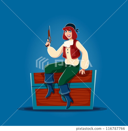 Cartoon woman pirate or corsair character on treasure chest with musket gun, vector sailor. Girl pirate or corsair Caribbean adventure character and filibuster in bandana sitting on treasure chest 116787766