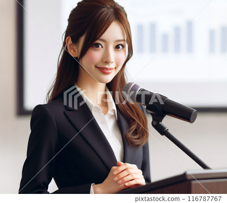Young female employee giving a presentation Young female employee giving a presentation 116787767