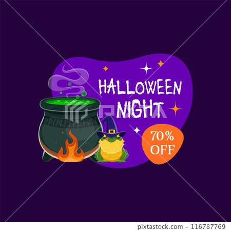 Halloween sale frame or holiday badge with pimpled frog in witch hat sitting near bubbling cauldron on purple blob. Isolated vector tag or banner for festive discount and price off clearance night Halloween sale frame or holiday badge with pimpled frog in witch hat sitting near bubbling cauldron on purple blob. Isolated vector tag or banner for festive discount and price off clearance night 116787769