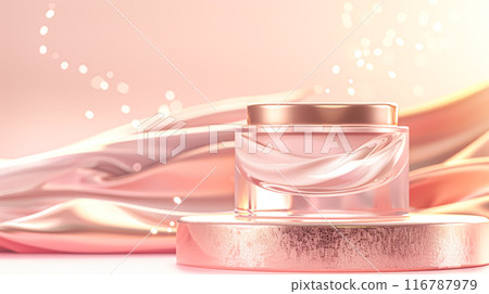 Cosmetic cream in a glass jar on a pink background. Skin care concept. Backdrop for beauty products 116787979