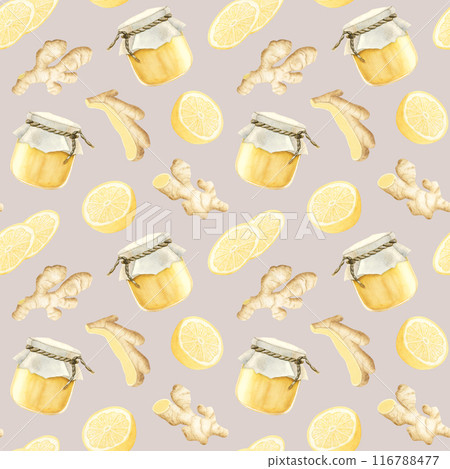 Honey, ginger and lemon watercolor seamless pattern on dust pink. Hand drawn background with rustic glass jar, ripe fruits and vegetable roots for organic healthy tea and hot winter drink Honey, ginger and lemon watercolor seamless pattern on dust pink. Hand drawn background with rustic glass jar, ripe fruits and vegetable roots for organic healthy tea and hot winter drink 116788477