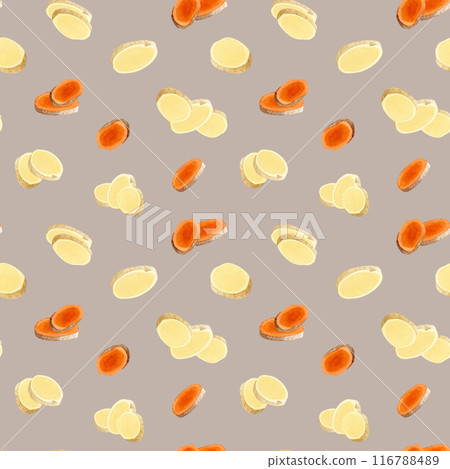 Turmeric and ginger slices watercolor seamless pattern on dust pink background. Raw curcumin vegetable and cut spicy herb, hand drawn natural ingredients for cooking, organic tea and curry spice Turmeric and ginger slices watercolor seamless pattern on dust pink background. Raw curcumin vegetable and cut spicy herb, hand drawn natural ingredients for cooking, organic tea and curry spice 116788489